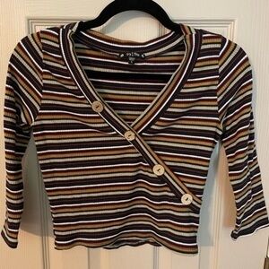 Try this Wrap-Look Ribbed Striped 3/4 Sleeve Cropped Top.
